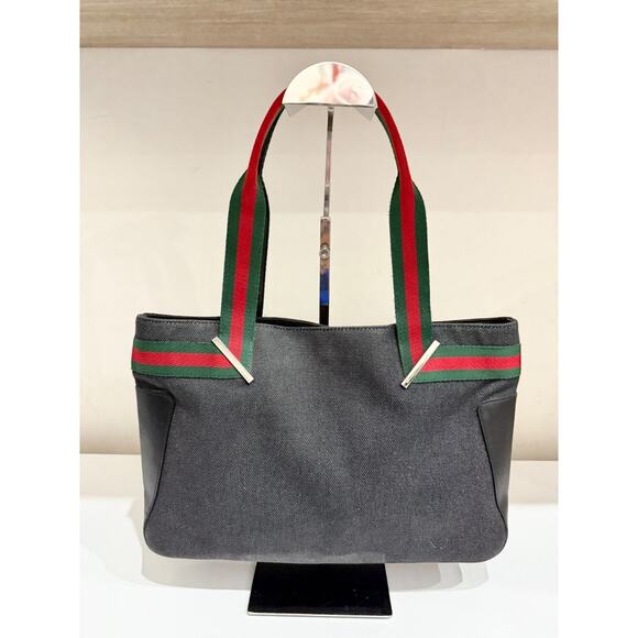 VTG Gucci Web Striped Sherry Line Denim Leather Tote Handbag Dark Blue/Green/Red - Picture 5 of 13
